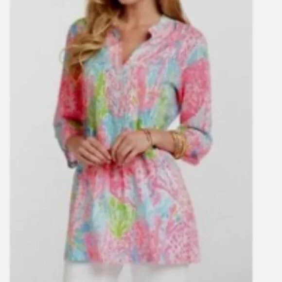 Lilly Pulitzer Let's Cha Cha Sarasota Tunic Length Pearl Beaded Shirt Small - Picture 9 of 9